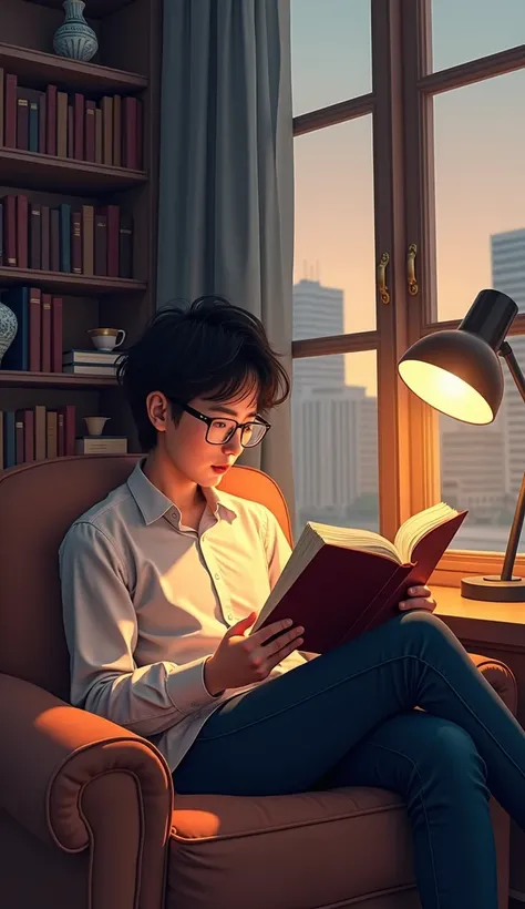 A young reading a book sitting on a sofa, the man is wearing a decent glasses, at one hand there is nice study lamp and a window at the other  hand and there is a big and nicely decorated personal library.  The image should be vector photo.