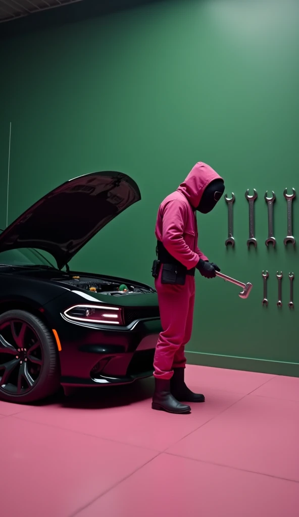 A long distance shot of a minimalistic garage with dark green walls and light pink floors. On the left side of the image, there’s a black Dodge Charger with its hood open. On the right side, several wrenches of varying sizes are mounted on the wall. A man,...