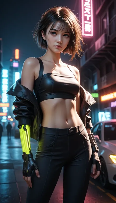 a beautiful detailed portrait of a 16-year-old Japanese girl, short bob haircut, medium breasts, messy hair, healthy looking, sexy expression, tight fitting clothes, daring pose,midriff exposed, Tube Top, Garter Belt,  photorealistic, highly detailed, dram...