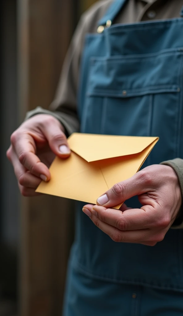 Some postmans hands holding an envelope. 