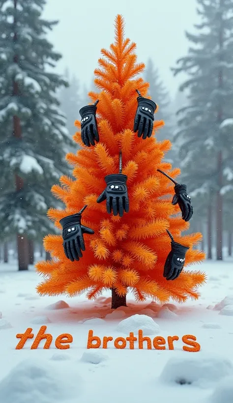 An orange Christmas Tree , In the snow with motorcycle gloves hanging and the phrase The Brothers written in the snow