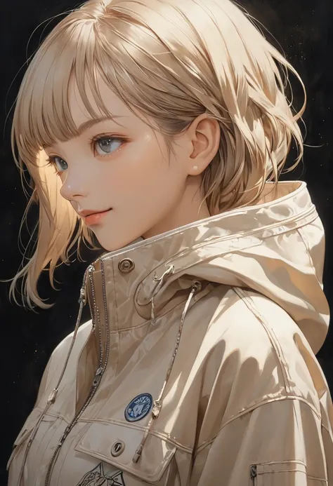  Beautiful Charming Young Girl Dynamic Full Body Photo ,  Close-up Of Beige Hair Woman Wearing Beige Windbreaker(  perfect anatomy )  Face Side Close-up . Detailed face.  realistic eyes .  Face and Eyes Very Fine .  thin skin .、 thin skin  texture smile, B...