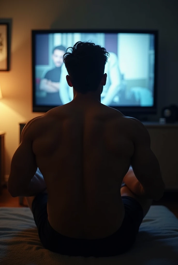  Ripped Guy watching TV pictured from far and behind in apartment with no light but cozy, only TV blured