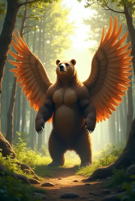 "A serene forest clearing where a majestic bear stands on its hind legs, stretching its powerful wings as sunlight filters through the trees. The bears wings, large and feathered like those of an eagle, shimmer with natural hues, blending seamlessly with t...