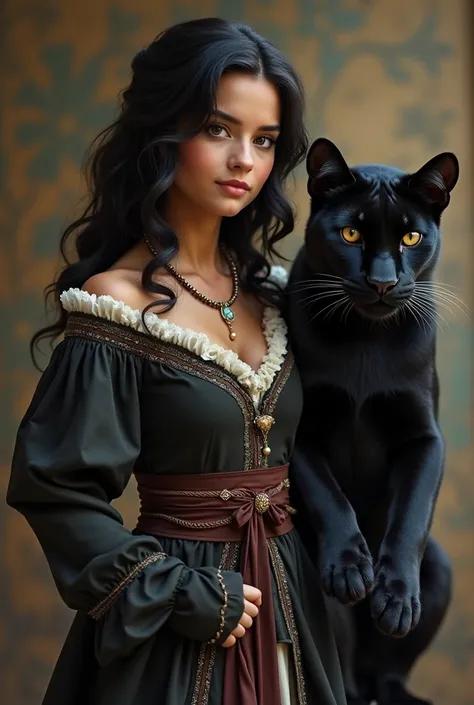  Image of a light brown woman , of 1,60 tall,  wavy hair in scruffy black and below the shoulder, small brown eyes, stocky without being fat ,  wearing a vintage medieval dress ,  next to a black panther 