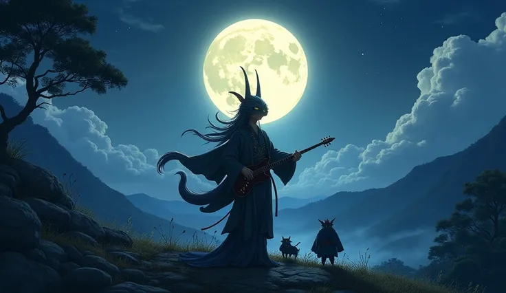  A mysterious landscape in the mountains lit by the light of a full moon 。 Standing prominently 、 Beautiful Yokai dressed in a Japanese suit with a black and gold pattern。Beauty from Yo-kai is playing with a shamisen 。There are a lot of little demons runni...