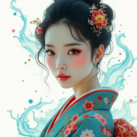 (masterpiece,  top quality),  staring at viewers,  (( one woman)),alone, (  white background  ) ,  so close up of face, Woman in kimono, ((floating colorful water))