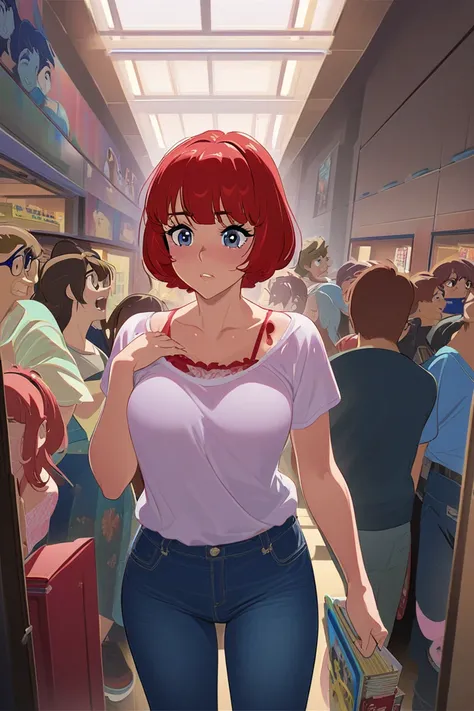 Disney pixar movie poster for a movie entitled “Seventeen Candles” with a sexy red haired japanese schoolgirl sultry slutty with a short bob haircut with a t shirt and jeans and sneakers and a perky butt and holding her books to her chest standing in a cro...