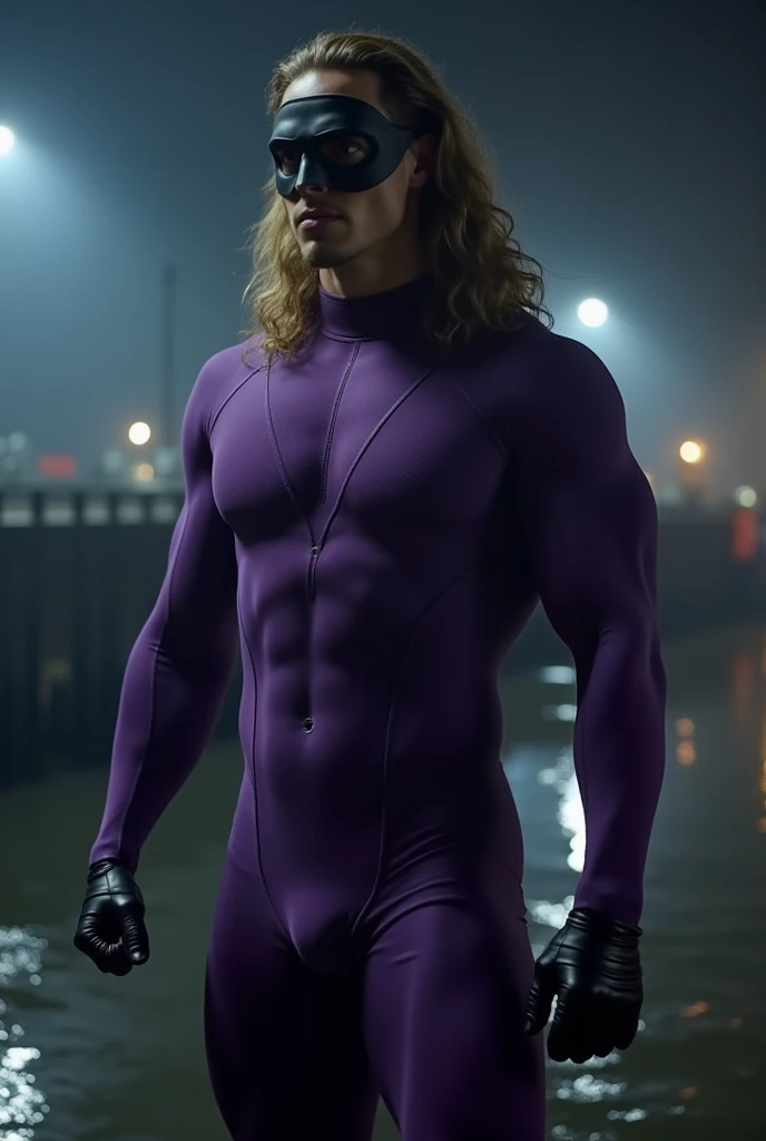 Charlie Hunnam, a masked superhero with a very long hair, in a dark and smoky port pier at night. Clad in a sleek, purple body-hugging lycra costume with a matte finish, his defined muscles and muscular arms are on full display. The costume features a purp...