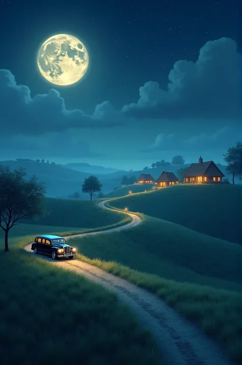 Beautiful moonlit night with starlight ，A small limousine with a driver on a winding road， on a winding path {x} on a rolling meadow， in the distance, and a couple of brightly lit thatched cottages ，There are a few small trees 。