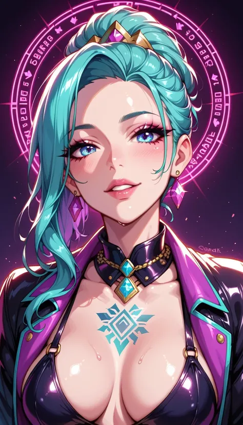 A neon punk femme fatale with a holographic tattoo of a dragon spiraling down her neck, its glow shifting through a spectrum of colors. Her cybernetic enhancements are subtle but elegant, including shimmering, translucent panels over her cheekbones that em...