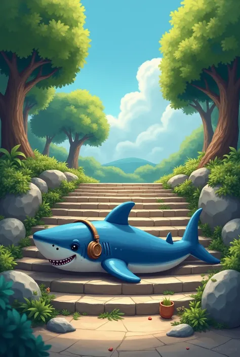 A cute shark chilling in an empty open theater made of stairs, listening to music over headphones, there are sorrounding trees