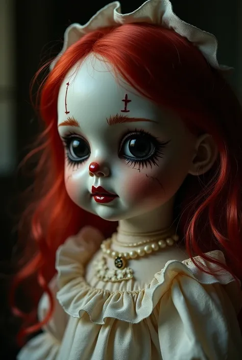  A doll with red hair,  red lips a little pale , 
 small, a little mystery , with black eyes with cracks on the face
