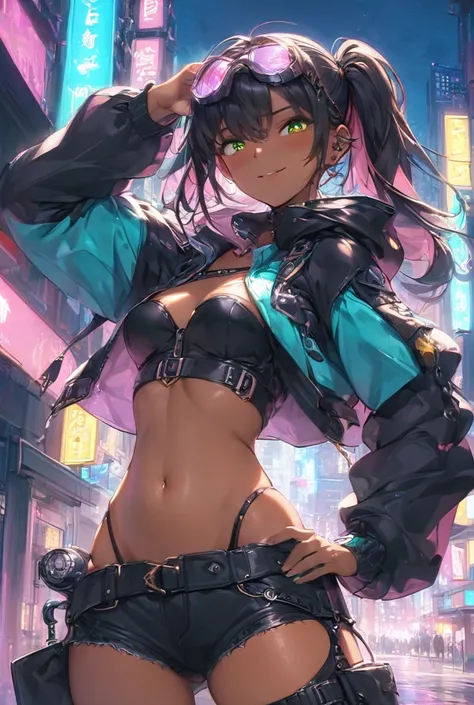 (tanned skin:1.5),　1girl,　(cyber punk),

masterpiece, best quality, ultra detailed,  highres icon, 4K, 8k, extremely detailed CG, accurate,  Ultra High Definition, score_9, high-resolution,　realistic style,　

(upper body),

(seductive smile),　(smile),　(hal...