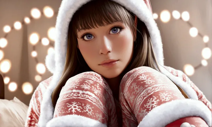 a cute woman, beautiful detailed eyes, beautiful detailed lips, extremely detailed eyes and face, long eyelashes, 1girl, Christmas sweater, mini skirt, sexy leggings, fuzzy boots, gloves, toboggin, Christmas wonderland, (best quality,4k,8k,highres,masterpi...