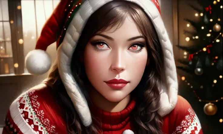 a cute woman, beautiful detailed eyes, beautiful detailed lips, extremely detailed eyes and face, long eyelashes, 1girl, Christmas sweater, mini skirt, sexy leggings, fuzzy boots, gloves, toboggin, Christmas wonderland, (best quality,4k,8k,highres,masterpi...