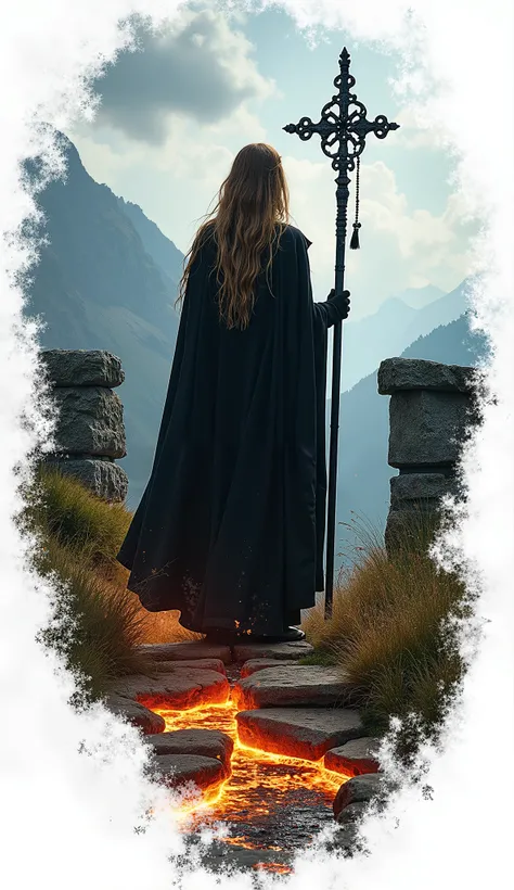 art style black graphics, reflexive focus, depth of field, blur, fiery silky hair, sharp contrast, white background, torn background, double exposure, blue sky, celtic cross, staff, alpine meadow, stone gates to hell, burning earth, fiery river,