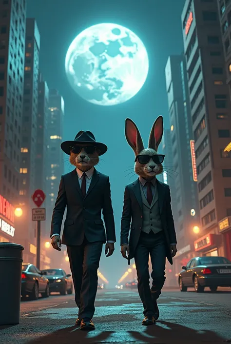 A dog and a rabbit dressed as a gangster human walking in a desert modern city at night under a full moon with some trash can on the side of the image 