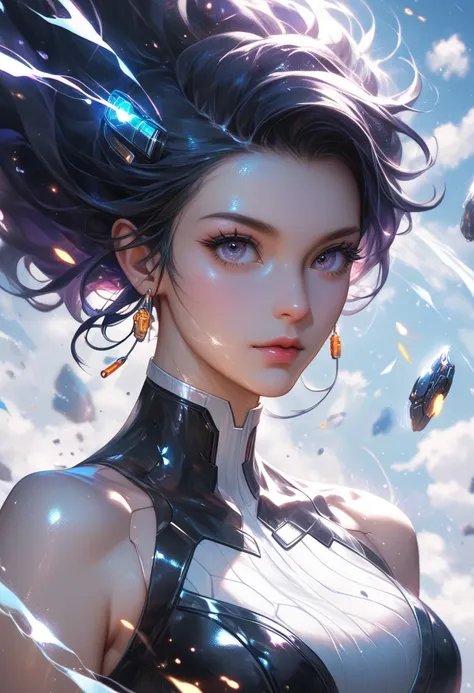 A photo-realistic image of a cyberpunk woman whose body seamlessly merges with a mechanical exosuit covered in glowing floral patterns. Her face, still human, is framed by augmented reality displays projecting detailed data streams. Her hair is a floating ...