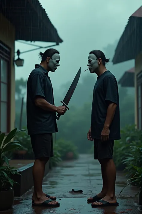 realistic, 3D, high detail, very real, side view slanted right 30°, horror movie character the Michael Myers with a scary alert attitude with a large machete weapon, focused on chatting suspiciously with an Indonesian Asian man in heroic condition wearing ...