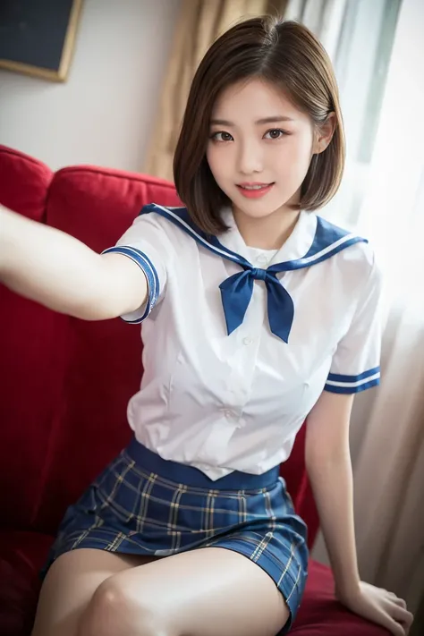 (A stunning Japanese-Korean lady, sitting with legs crossed, laying back comfortably in sofa at night, alluring pose, wearing a traditional Serafuku, Seifuku, tight white shirt, white blouse button-down, translucent short-sleeve, navy-blue plaid skirt, blu...