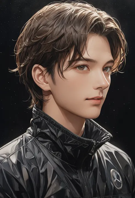  Handsome Mature Young Boy Dynamic Full Body Photo ,  Close-up of brown haired man wearing black windproof jacket(  perfect anatomy )  Face Side Close-up . Detailed face.  realistic eyes .  Face and Eyes Very Fine .  thin skin .、 thin skin  texture smile, ...