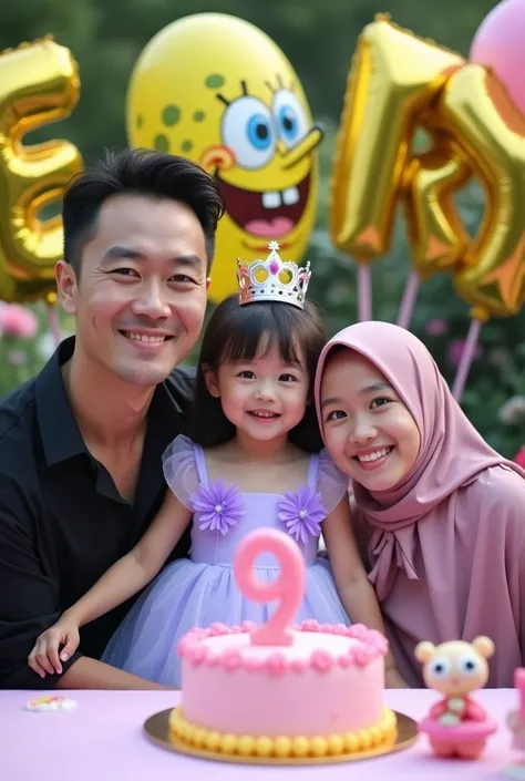 Selfie photo together, a little Asian girl, wearing a light purple Cinderella dress, and wearing a crown, celebrating her sphongebob-themed outdoor birthday accompanied by 2men handsome Korean, wearing black shirts, 2girl Korean  with pinkhair, and 1girl b...