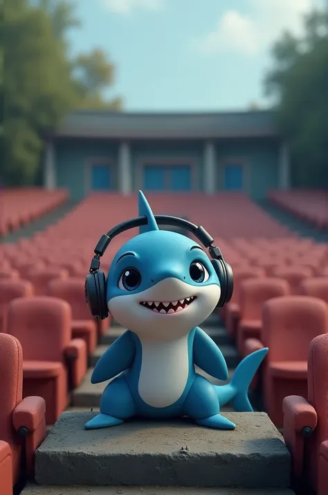 A cute shark listening to music sitting in one of the stairs of an empty open aor theater