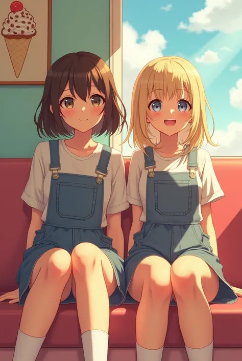 (2girls shot:1.3),( short_髪と long hair:1.3), Realistic Pictures,  long hair, overalls _ micro _ skirt, Retro ice cream shop with pastel colored walls、 basking in the warm sunshine , bangs,(Thighs_shot:1.3), sitting,(narrow_eye;1.3),smile,(Spread the word_f...