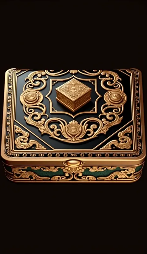 high angle:1.5,Green box facing the front lens A left and right rectangular box with Chinese style ornate Phnom Penh pattern embossed， The box is a relief in the shape of the Q version of the Chinese Yuan ，The lid also has a relief in the shape of the Q ve...