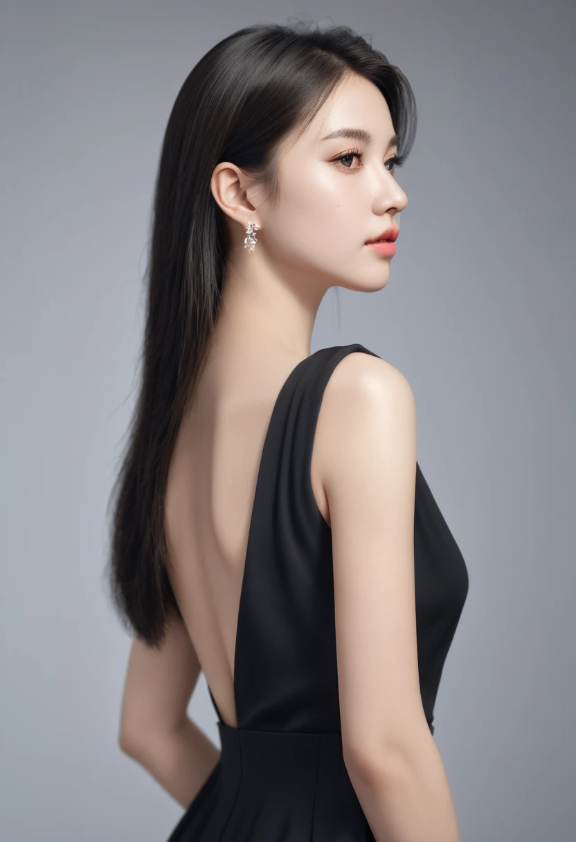 (( Best Quality , 8K )),   of a young lovely woman, Realistic, side view, portrait,  Super Realistic ,  Highly detailed ,  Highly detailed  skin,  high quality ,  black dress