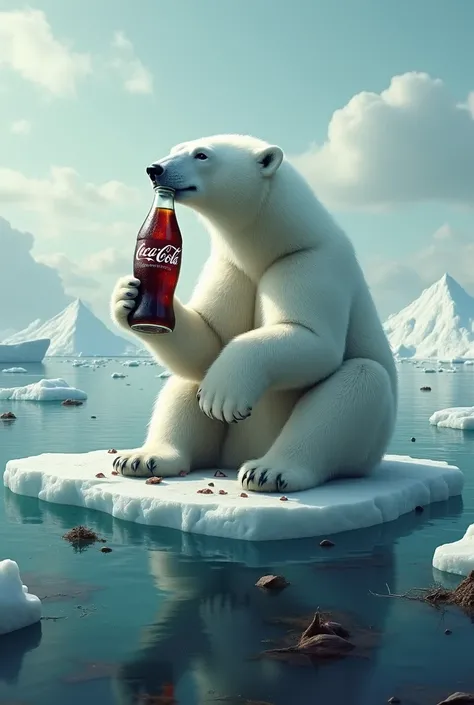 créer une pub : un ours polaire qui boit une bouteille de coca cola sur un morceau de banquise mais tout l’océan est pollué au tour  