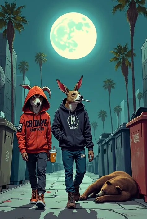 A Dog and a rabbit dressed as a gangster/punk human (with hoodies) smoking cigarettes and the other one drinking , walking in a desert modern city at night under a full moon with some trash can on the side of the image in a modern cartoon style 
And a bear...