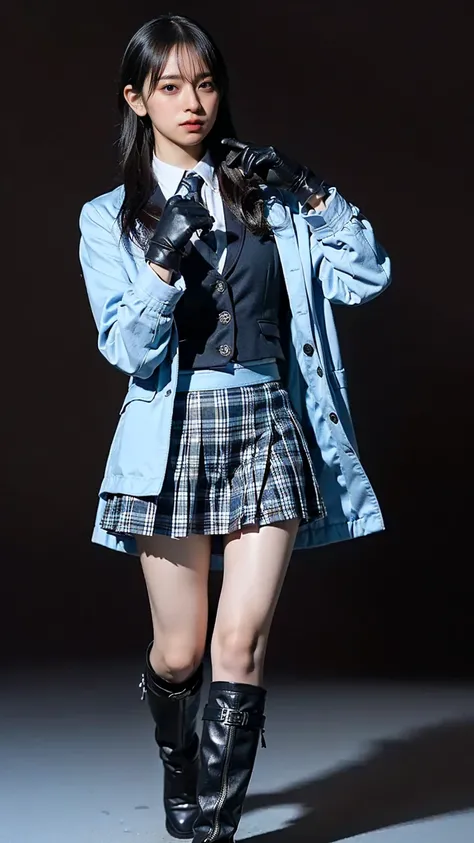 (8k、     RAW photos   、   top quality、masterpiece   :1.2)、(   realistic   、   realistic   )、1 person、(( light blue and black、  jacket、 gloves、 plaid miniskirt to make up for embarrassment、  ties、  boots、 black background、Thin legs、whole body、 Hands on her ...