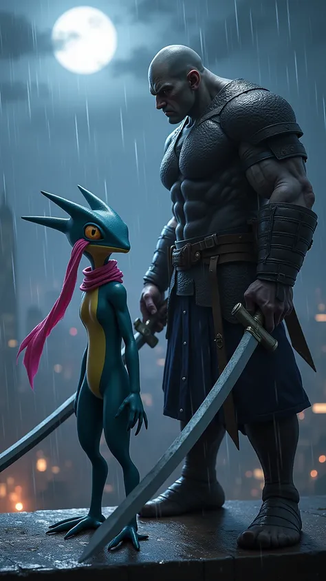 "Create a hyper-realistic image of Greninja and a towering warrior preparing for battle. Greninja’s smooth, amphibian-like body glistens under the moonlight, with its pink tongue-scarf flowing in the breeze. The warrior beside it is a hulking figure wearin...