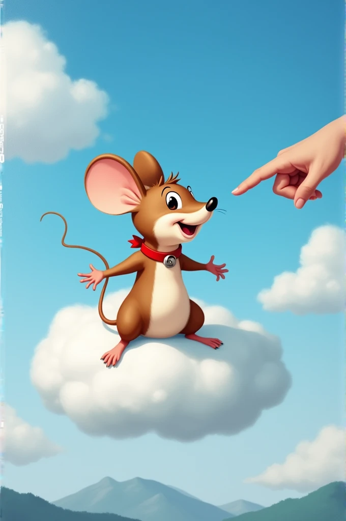 Painting of a brown mouse sitting on top of a white cloud. the mouse is wearing a red collar around its neck and has a big smile on its face. it is sitting on its hind legs with its arms stretched out to the sides. the background of the painting is a blue ...