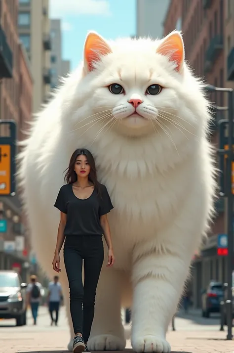 A casual woman in black walks alongside a giant Angora cat walking along the same