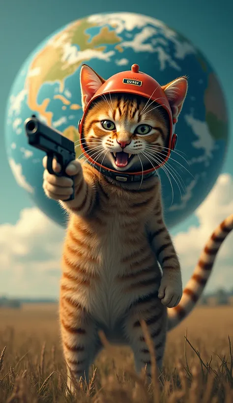 Cat shooting and world background animal and cat with handgun and name text label on red helmet