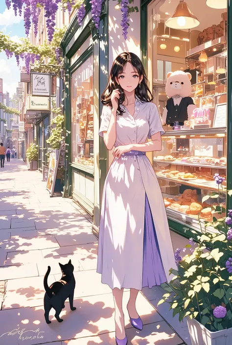 Universe, Illustration with wistaria as the main color, Someones signature, Maison, city of Manchester, Lavender flowers, Cat walking leisurely on the street, A woman as beautiful as Grace Kelly stands pensive in front of a bakery, She is very fashionable ...