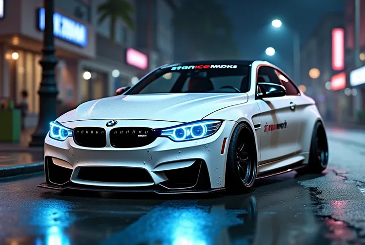 A vibrant, digitally rendered image of a modified, white BMW m4 coupe. The car is situated in the center of the image on a wet urban street at night. Its body shows modified aftermarket parts and is covered with a layer of apparent grime, giving it a sligh...