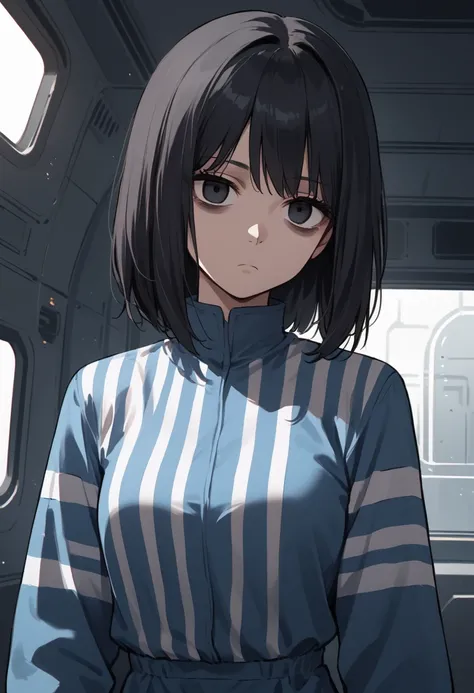 score_9, score_8_up, score_7_up, source_anime, solo, 1girl, mthwshanya, expressionless, looking at you, medium hair, black hair, black eyes, bags under eyes, blue jumpsuit, long sleeves, striped shirt, indoors, spacecraft interior
