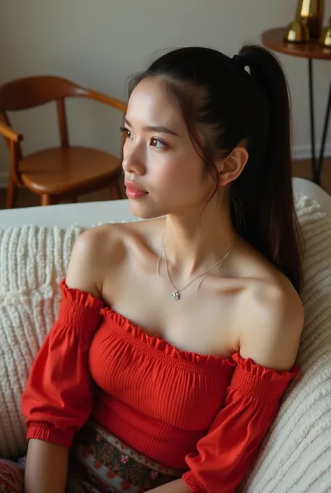 A young woman with long, dark hair tied back in a sleek ponytail sits comfortably on a plush sofa adorned with a patterned throw. She is dressed in a vibrant red, off-the-shoulder top that accentuates her relaxed posture. A delicate necklace with a small p...