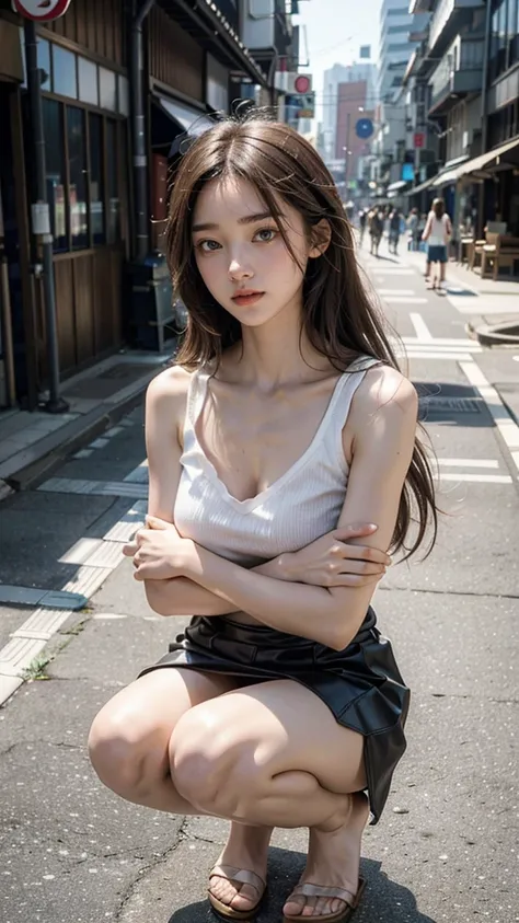  (( 8k up shot ,An older sister with beautiful skin :1. 4 on the street ,22 years old,Squat in a miniskirt:1. 4 Portraits  )), very beautiful and slim 、 beautiful feet、 belly button out,Extremely Delicate Face   , Skin and Hair, long hair on background,Bro...