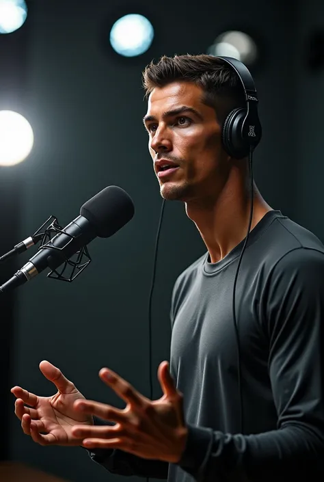 Generate a video of a man resembling Cristiano Ronaldo in a podcast studio, delivering a powerful motivational message about success, hard work, and perseverance. He should appear confident, passionate, and inspiring, with expressive gestures and a determi...