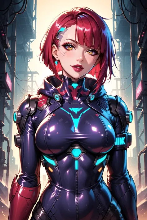 A digital artwork in the style of cknc, beautiful cyberpunk girl, shaggy cut fiery middle red hair with sharp bangs, one cybernetic eye, detailed face with dark lipstick, wearing a tech-enhanced hoodie with neon accents and mechanical details, intricate cy...