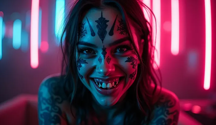 tattooed dj girl with intimidating look, psycho and creepy expressions, fish eye effect, neon lights, close up