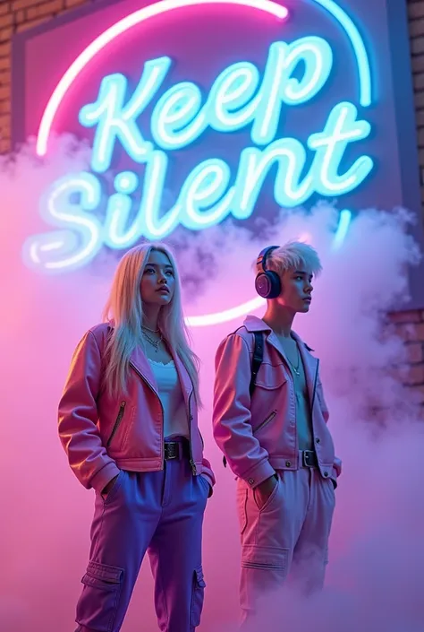 A photo of a beautiful Korean girl with different hairstyles and long white hair. A cool Korean boy wearing headphones with white hairstyles. 
Behind the clear text in the middle " Keep Silent ". 
1 boy 1 She is wearing a pink and light pink leather jacket...