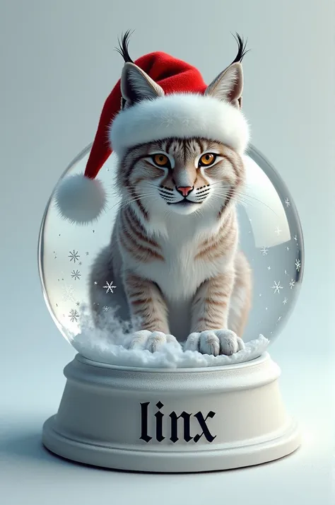  Create a realistic digital artwork of a lynx wearing a Santa Claus hat; Background of the image and solid ;  the character is in a snow globe , with snowflakes falling around;  add smoke to the scene to add some mystery to the scene ;  cheerful mood with ...