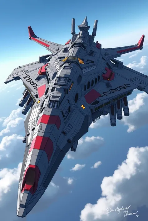 Create a 2D digital art style warship of the Nemesis, the Decepticon flagship from the Transformers: Prime animated series. Without background, no character just warship flying in sky, side view of the ship