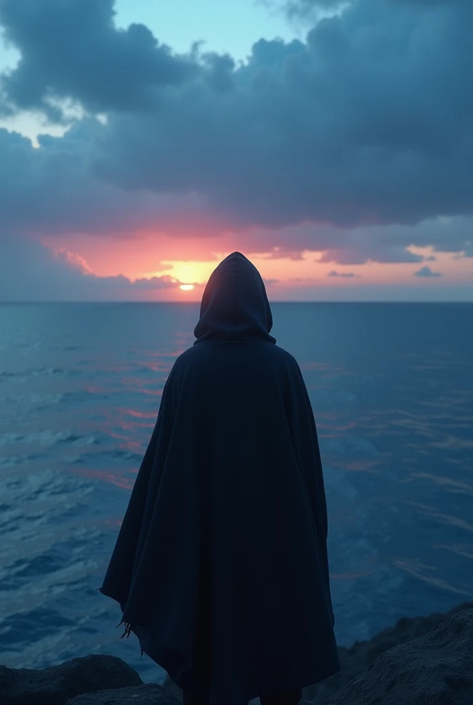 Tell me about a man standing looking out to sea with a hood dressed in black on a bluish sunset ,  the image that is seen from the same perspective of the man only that behind men you will see the man with his back and also the sea, But let the ocean be mo...